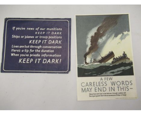 Small World War II propaganda poster designed by Norman Wilkinson, ' A Few Careless Words ......', 15ins x 10ins, unframed to