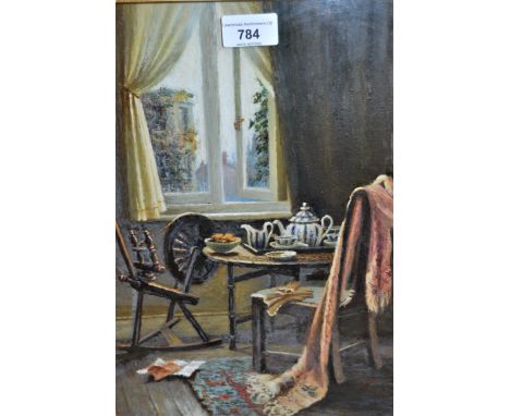 Mixed media painting, interior scene with a spinning wheel and tea table, 13ins x 9.5ins approximately, framed, together with