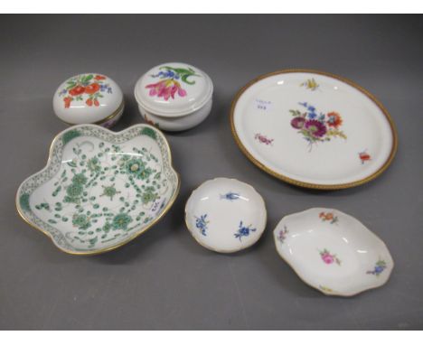 Two late Meissen floral decorated trinket boxes, three similar small dishes and a gilt metal mounted floral decorated plate 