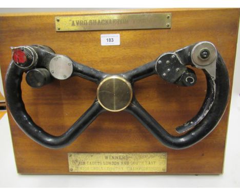 Original vintage RAF Avro Shackleton control column yoke, mounted on an Air Cadet interest mahogany plaque 