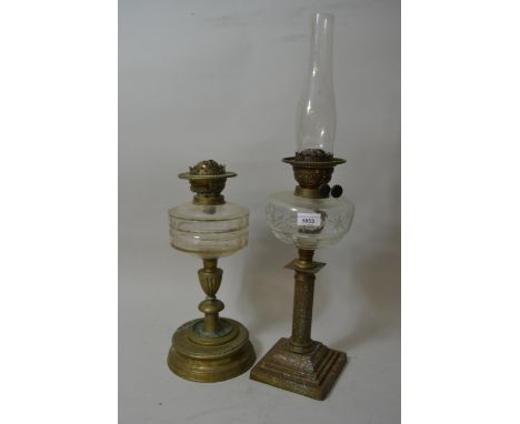Early 20th Century brass and cut glass Corinthian column oil lamp and another similar (both at fault) 