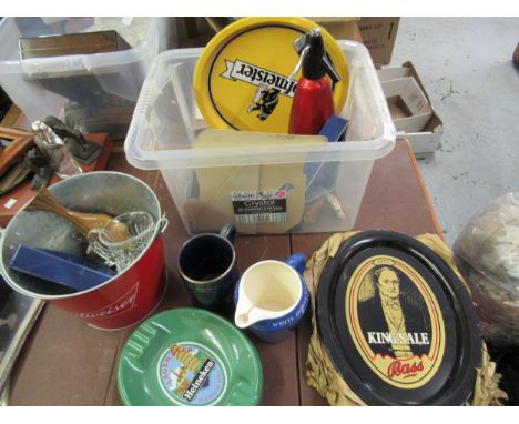 Quantity of breweriana including Johnnie Walker corkscrews, ashtrays, bottle openers, soda cyphon etc. 