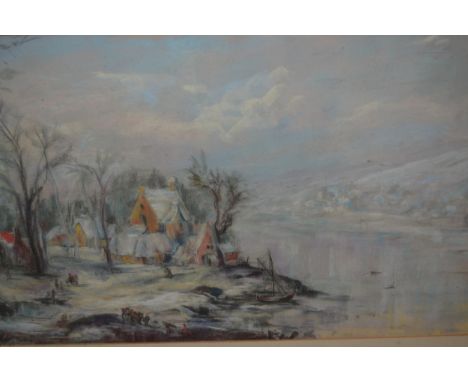 Pastel drawing, Continental winter river landscape, pencil drawing of a nude, indistinctly signed, coloured chalk drawing and