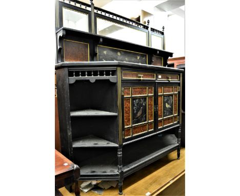 Victorian ebonised amboyna gilded and painted Aesthetic movement side cabinet, the mirrored shelf back above two drawers and 