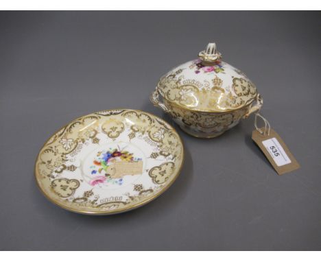19th Century Coalport sucrier, cover and stand with floral decoration on a beige and gilt ground, 5.25ins high 