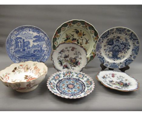 Modern Delftware polychrome charger, two similar dishes, a Masons fruit bowl and sundries 