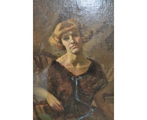 Oil on canvas laid on board, portrait of a seated lady, inscribed on frame plaque, ' William Orpen ', 23ins x 19ins, carved g