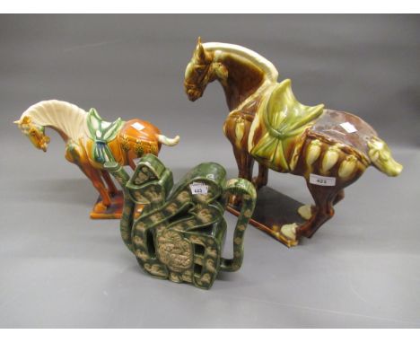 20th Century Chinese pottery Tang style figure of horse, 13.75ins high together with a similar, smaller figure and a modern C