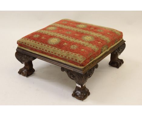 Early 20th Century mahogany square upholstered stool on carved cabriole claw and ball supports, together with a Victorian mah