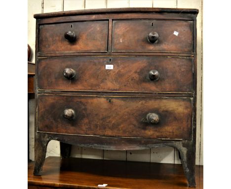 Small 19th Century mahogany bow fronted chest of two short and two long drawers raised on bracket feet (for restoration), 34i