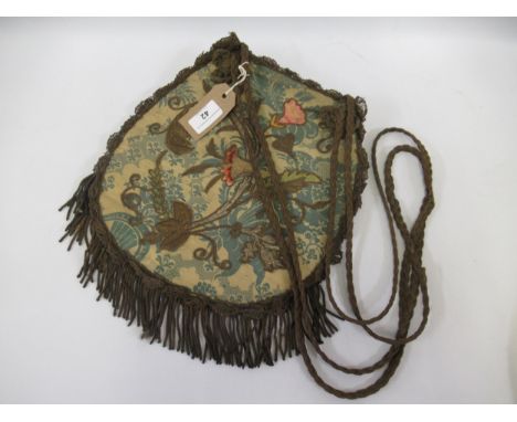 Chinese silk embroidered bag together with a circular tapestry seat cover 