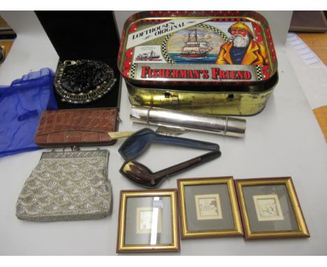 Ladies evening bag, leather wallet, plated scroll case, Meerschaum pipe in case, Fisherman's Friend tin, three miniature sign