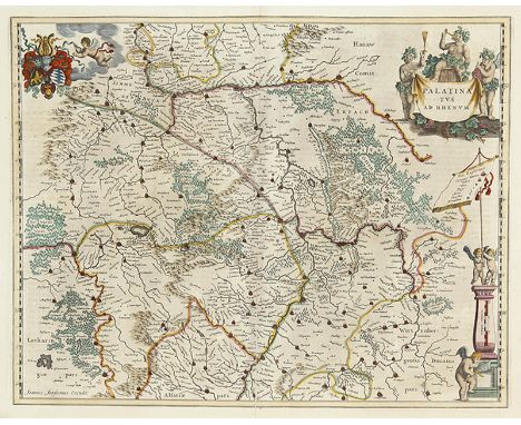KARTOGRAPHIE - DEUTSCHLAND: Baden-Württemberg - Pfalz - Saargebiet. „Palatinatus ad Rhenum“. Teilkolorierte Kupferstichkarte 
