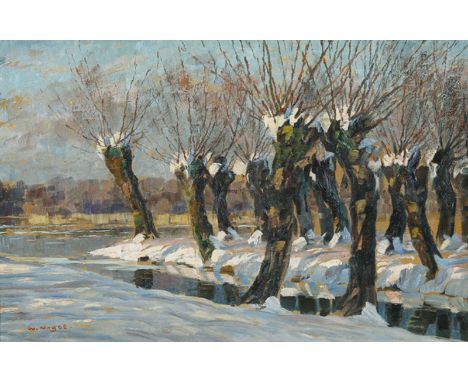 WILHELM NAGEL Mannheim 1866 - 1945 Baden-Baden: Albmündung mit Kopfweiden. Oel auf Karton. Signiert. 52,5 x 78,5 cm. Malgrund