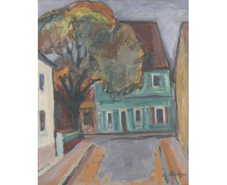 KARL BRUTZER Weingarten/Baden 1894 - 1964 Karlsruhe-Durlach: „Grünes Haus“, auch: „Alte Kastanie im Durlacher Ring“.  Oel auf