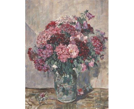 WILHELM NAGEL Mannheim 1866 - 1945 Baden-Baden: „Rother Blumenstrauß“. Oel auf Karton. Signiert. Verso signiert, betitelt und