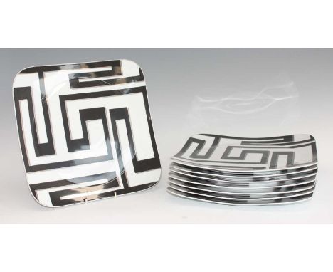 A set of eight Rosenthal Versace Dedalo pattern dinner plates, having slightly raised and rounded corners, printed marks vers