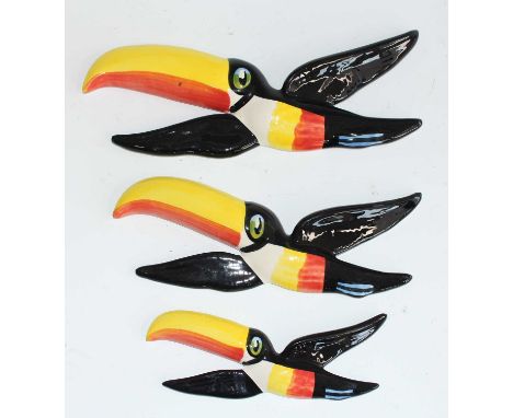 A graduated set of three Carltonware ceramic Toucan wall plaques, each with painted decoration and printed backstamps, the la