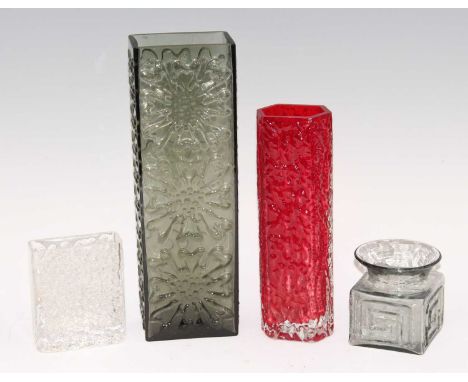 A collection of four Whitefriars type art glass vases, comprising; hexagonal textured ruby glass tall vase, h.23cm; a pewter 