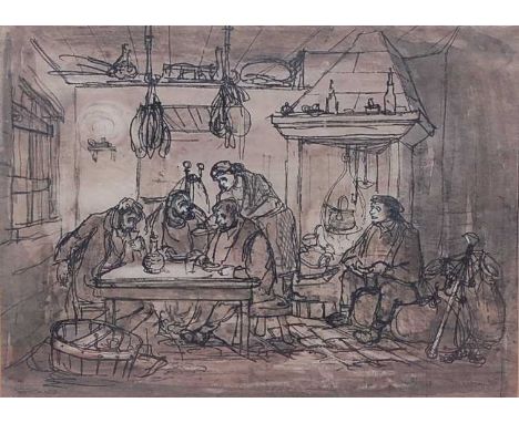 John Verney (1913-1993) - Sheltering figures within a kitchen interior, pencil, ink and wash, signed and dated '47 lower righ