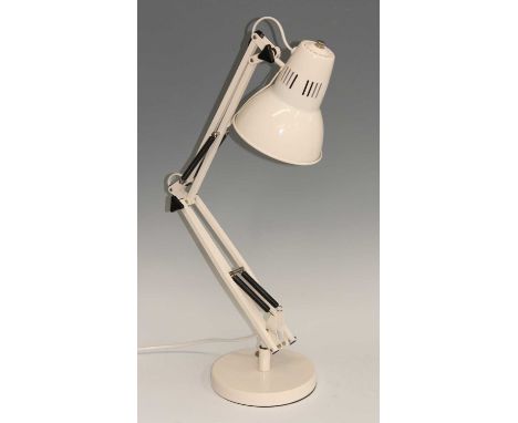 A contemporary anglepoise style white painted metal desk lamp, having hinged and rotating action, with movable shade, lower s