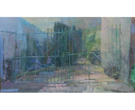 Fred Cuming RA (b.1930) - Gate at Salase, South of France, oil on board, signed lower right, 35 x 61.5cm, with Royal Academy 