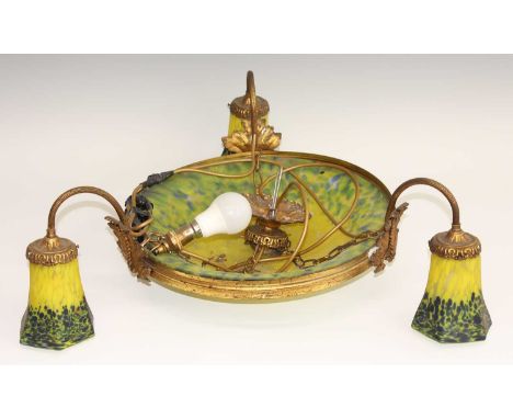 A French gilt metal three-branch hanging ceiling light, with mottled glass inset central dome, having three further conformin