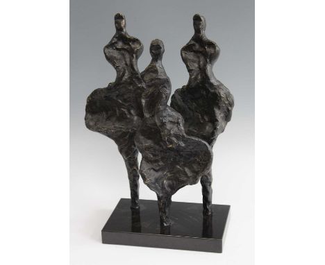 Modern British School - Three standing figures, painted plaster, naturalistically modelled and raised on integral polished bl