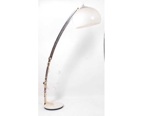 A 1960s Italian chrome floor-standing Arc lamp, having a white plastic dome shade, the curved column with adjustable action, 