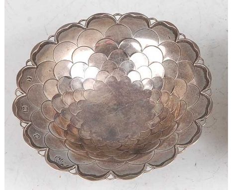 A 1960s silver circular pedestal bonbon dish, having raised fish-scale effect graduated inner decoration, maker Elkington &am