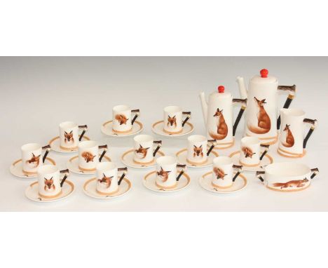 A Royal Doulton 'Reynard the Fox' bone china twelve-place coffee set, comprising; coffee pot and cover, hot water jug and cov
