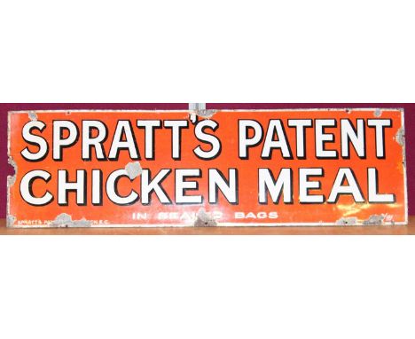 An early 20th century enamel on metal advertising sign for Spratt's Patent Chicken Meal in sealed bags, 30.5 x 102cmCondition