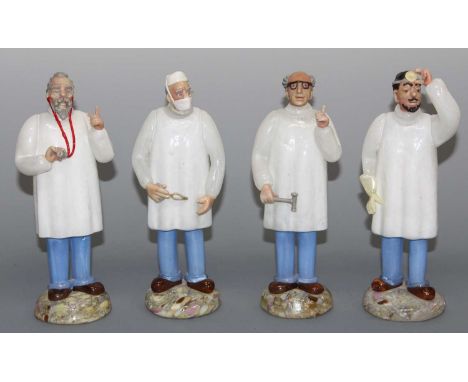 A set of four Italian Murano glass figures of medical practitioners, each modelled in standing pose and raised on integral ci