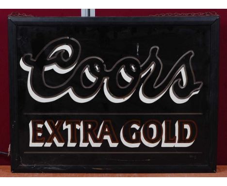 A 1980s Coors Extra Gold framed advertising pub sign, with painted inset heavy glass panel, wired for electricity, 48 x 63.5c