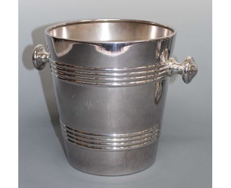 A contemporary Mappin &amp; Webb silver plated twin handled champagne bucket, of circular tapering form with reeded detail, i