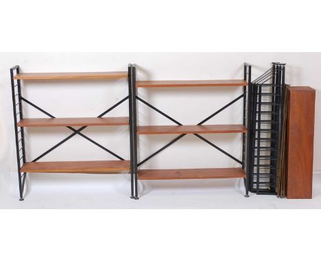 A set of four 1960s Ladderax teak and black painted metal low adjustable shelf units, comprising fifteen 3ft teak shelves, ei