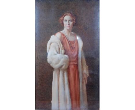 Early 20th century School - Three-quarter length portrait study of a glamorous young woman, wearing a fur coat and pearl neck
