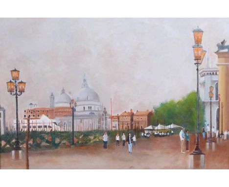 Modern British School - Cityscape with Figures, oil on board, unsigned, 43 x 64cm