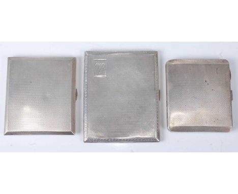 Three various Art Deco silver engine turned pocket cigarette cases, the largest monogrammed upper left, maker Lawson, Ward &a