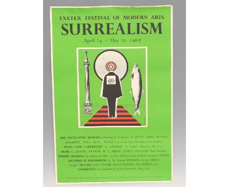 A 1960s colour lithograph printed exhibition poster for the Exeter Festival of Modern Art Surrealism, April 24th to May 20th 