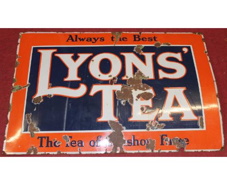 A large early 20th century enamel on metal advertising sign for Lyons' Tea, further annotated 'Always the Best, The Tea of Te