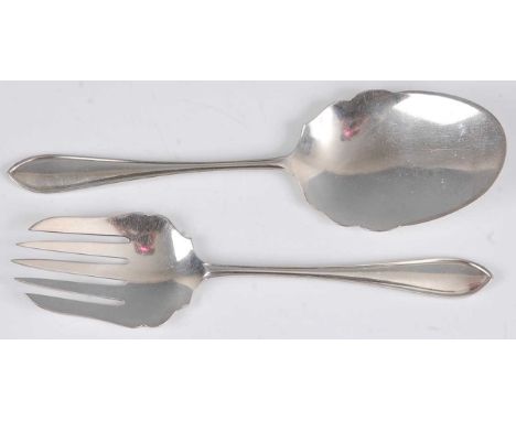 A pair of Art Deco silver dessert servers by Viners Ltd, each of shaped and slightly stylised outline, Sheffield 1936, gross 