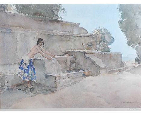 William Russell Flint (1880-1969) - Semi-nude woman washing at the street fountain, lithograph printed in colours, signed in 