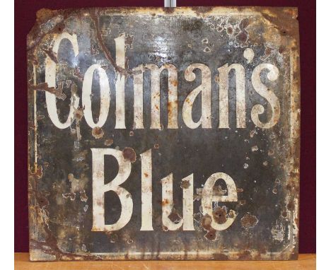 A large early 20th century enamel on metal advertising sign for Colman's Blue, 93 x 97.5cmCondition report: Heavy losses and 