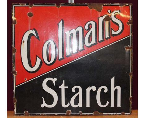 A large early 20th century enamel on metal advertising sign for Colman's Starch, painted in red, black and white, 93 x 96.4cm