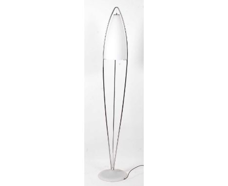 A contemporary Artemide rocket shaped floor lamp, the tubular chrome frame housing an integral white frosted shade, raised on