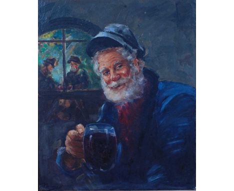 Mid-20th century European School - Half-length portrait of a gentleman within a tavern interior, oil on canvas laid on to boa