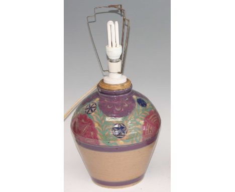 Carter Stabler &amp; Adams - a Poole Pottery stoneware table lamp, of ribbed shouldered ovoid form, the upper body floral sty