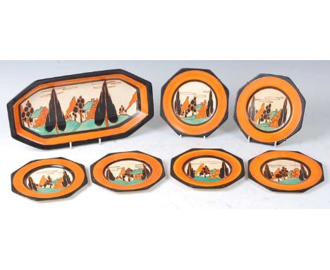 A Clarice Cliff Orange Trees and House pattern pottery sandwich set, comprising; elongated octagonal serving plate, w.30cm, a