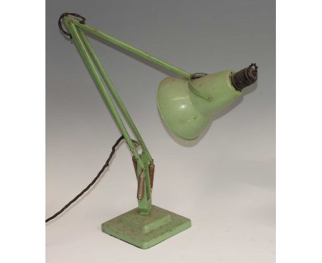 Herbert Terry - a green painted metal anglepoise desk lamp, model No.1227, having typical hinged and rotating action, with mo